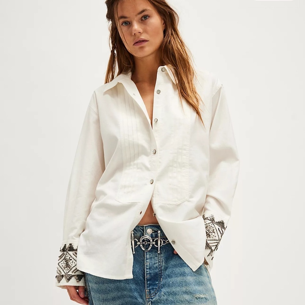 We The Free All The Shine Shirt clean ivory beaded long sleeve button down shirt